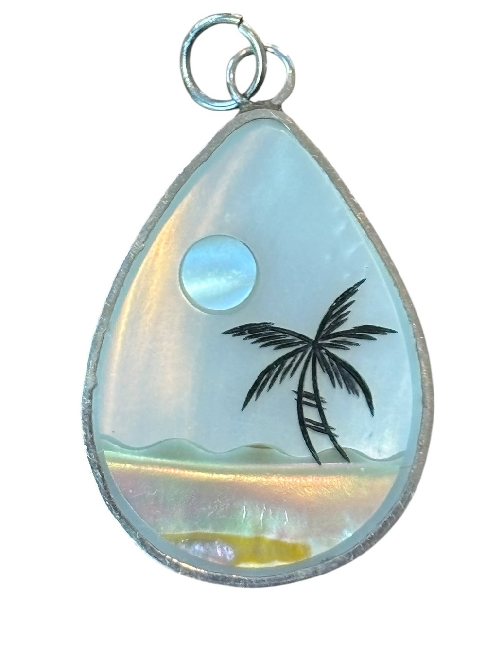 Mother of Pearl Shell Pendant Palm Tree Beach Scene Teardrop
